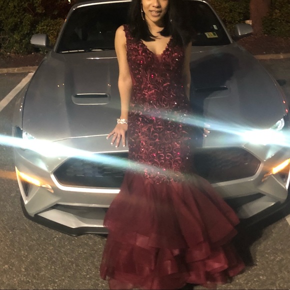 princess polly baby blue dress Burgundy Off Shoulder Tulle Lace Mermaid Long Prom Dress, Burgundy Evening Dress US 16 / Burgundy main image 0